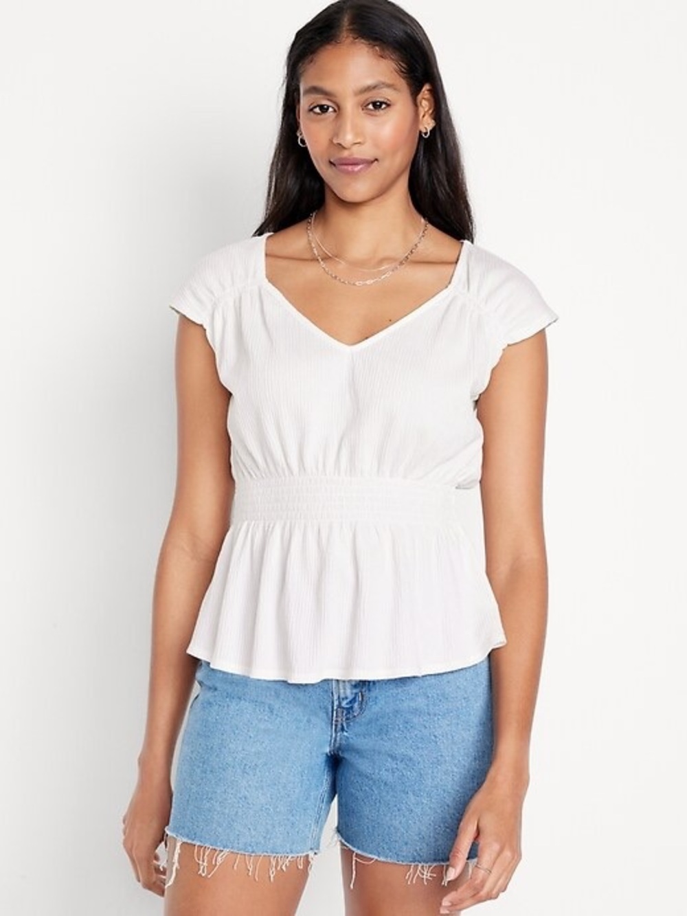 Old Navy White Smocked Peplum V-Neck Top